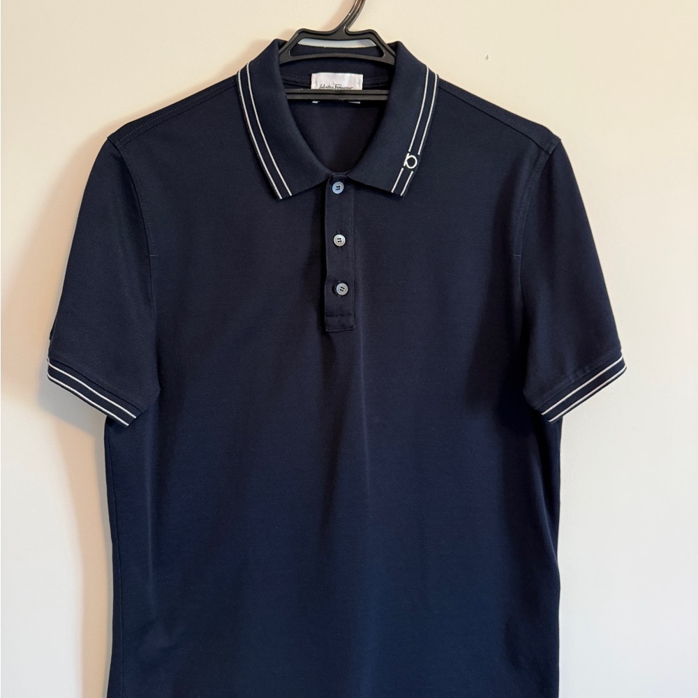 Salvatore Ferragamo Blue and White Polo Shirt Sleek Design